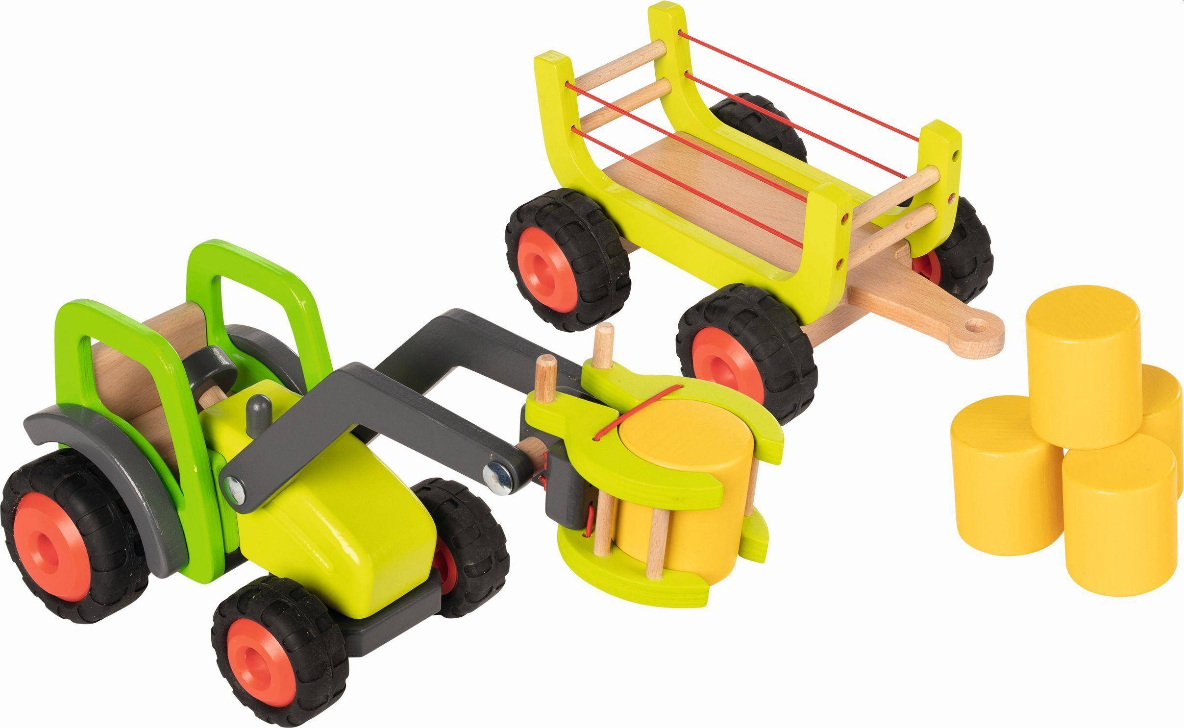 Goki 55887 - Frontlader mit Heuwagen, Bauernhof 55,4 x 16,3 x 15,2 cm, 7 Teile, Holz, per Stück