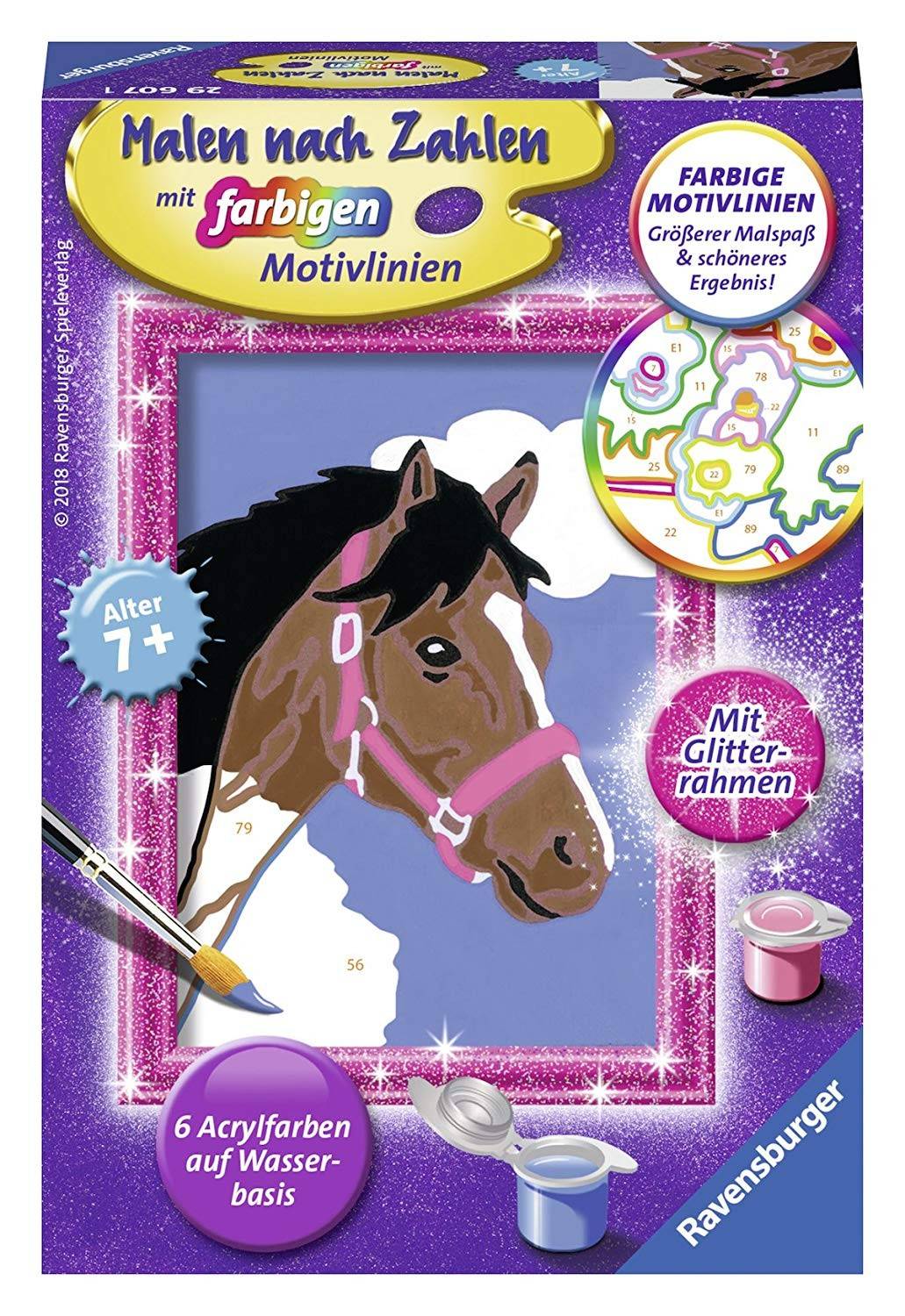 Ravensburger 29607 - Pferd, Malen nach Zahlen, mit Glitterrahmen Mit farbigen Motivlinien. Mit Glitterrahmen!