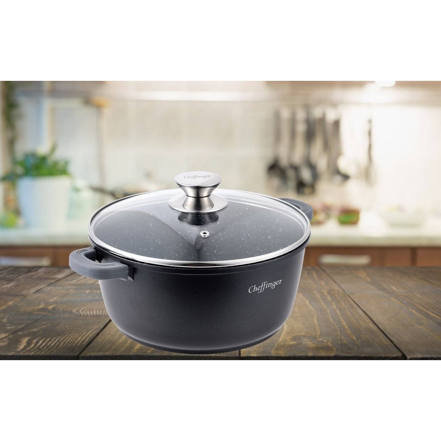 Kochtopf Aluguss Glasdeckel Ø28cm Induktion Marmorbeschichtung Suppentopf Pfanne schwarz