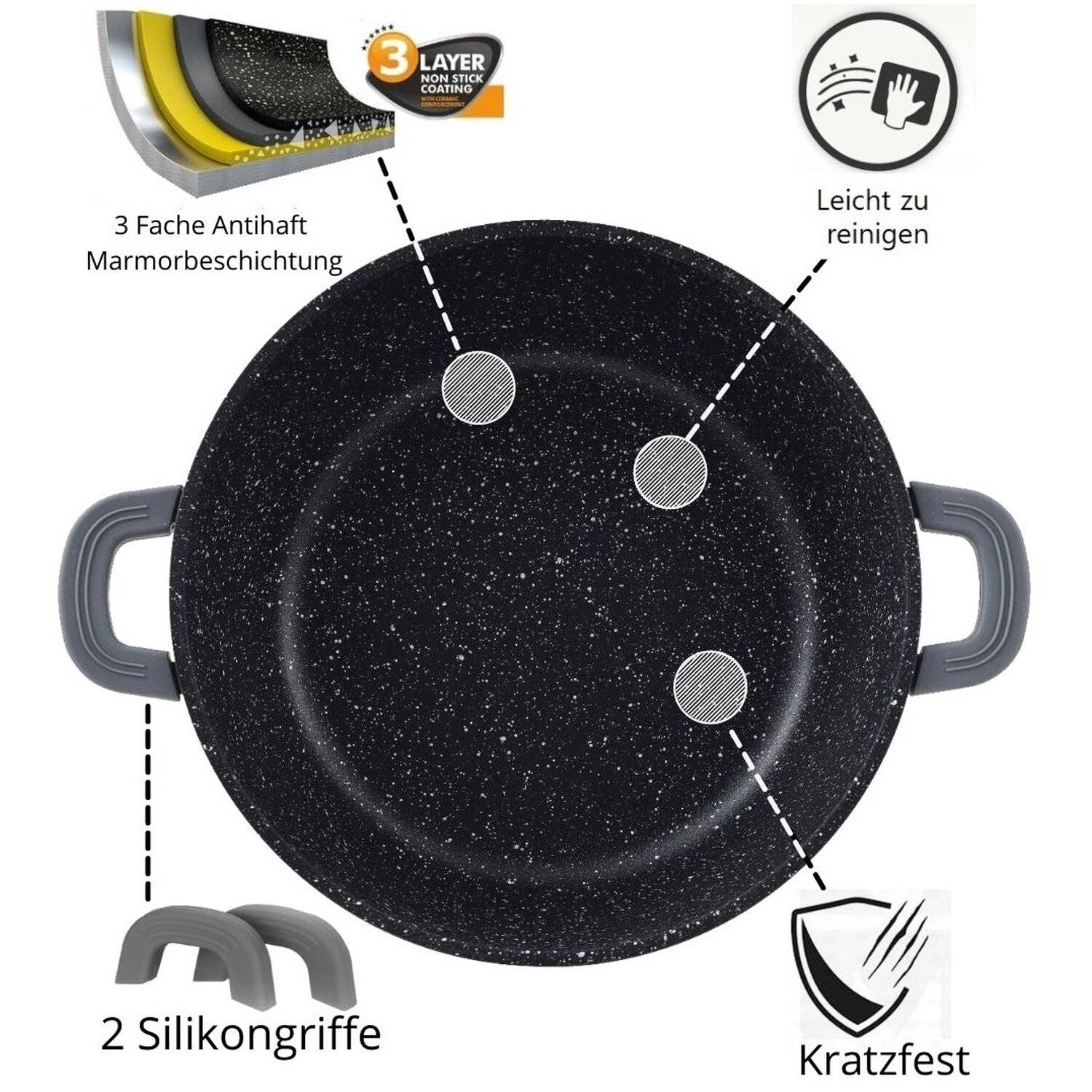 Kochtopf Aluguss Glasdeckel Ø28cm Induktion Marmorbeschichtung Suppentopf Pfanne schwarz