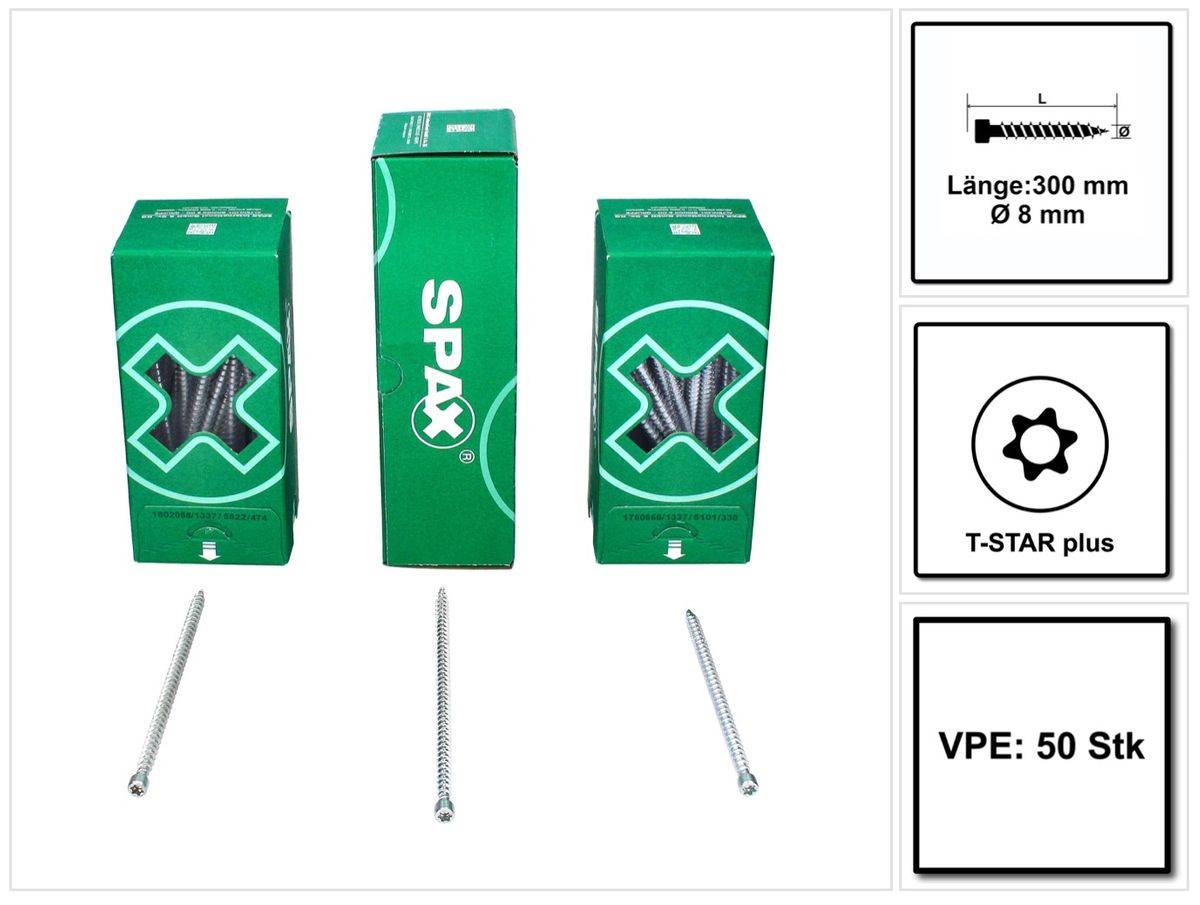 SPAX IN.FORCE Schraube 8,0 x 300 mm 50 Stk. Torx T-STAR Plus T40 ( 1221010803005 ) Vollgewinde Zylinderkopf WIROX CUT Bohrspitze