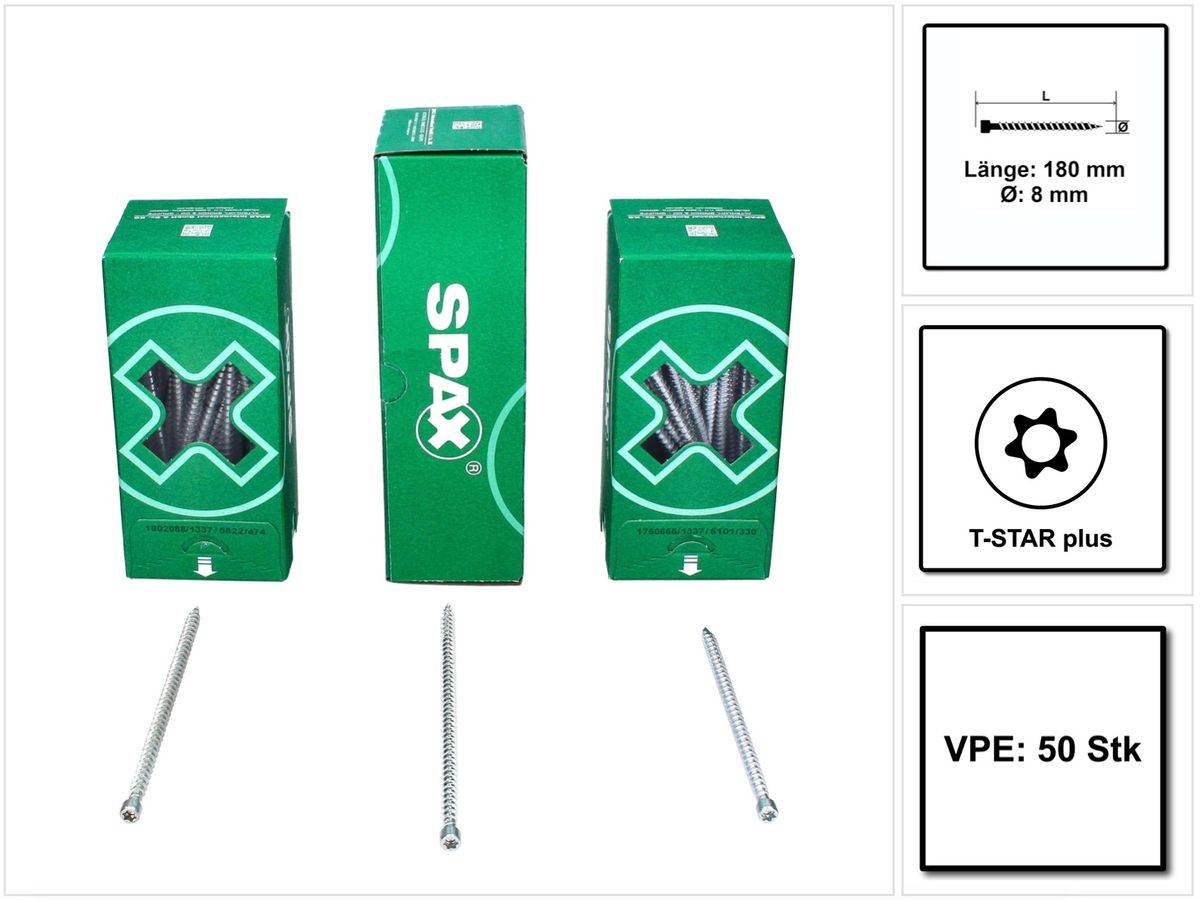 SPAX IN.FORCE Schraube 8,0 x 180 mm 50 Stk. Torx T-STAR Plus T40 ( 1221010801805 ) Vollgewinde Zylinderkopf WIROX CUT Bohrspitze