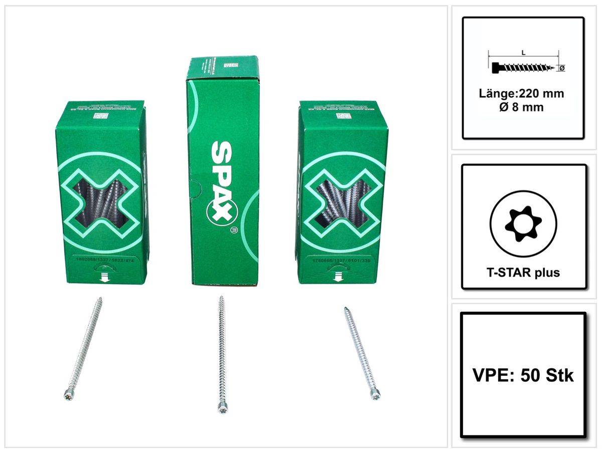 SPAX IN.FORCE Schraube 8,0 x 220 mm 50 Stk. Torx T-STAR Plus T40 ( 1221010802205 ) Vollgewinde Zylinderkopf WIROX CUT Bohrspitze