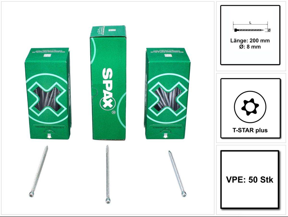 SPAX IN.FORCE Schraube 8,0 x 200 mm 50 Stk. Torx T-STAR Plus T40 ( 1221010802005 ) Vollgewinde Zylinderkopf WIROX CUT Bohrspitze