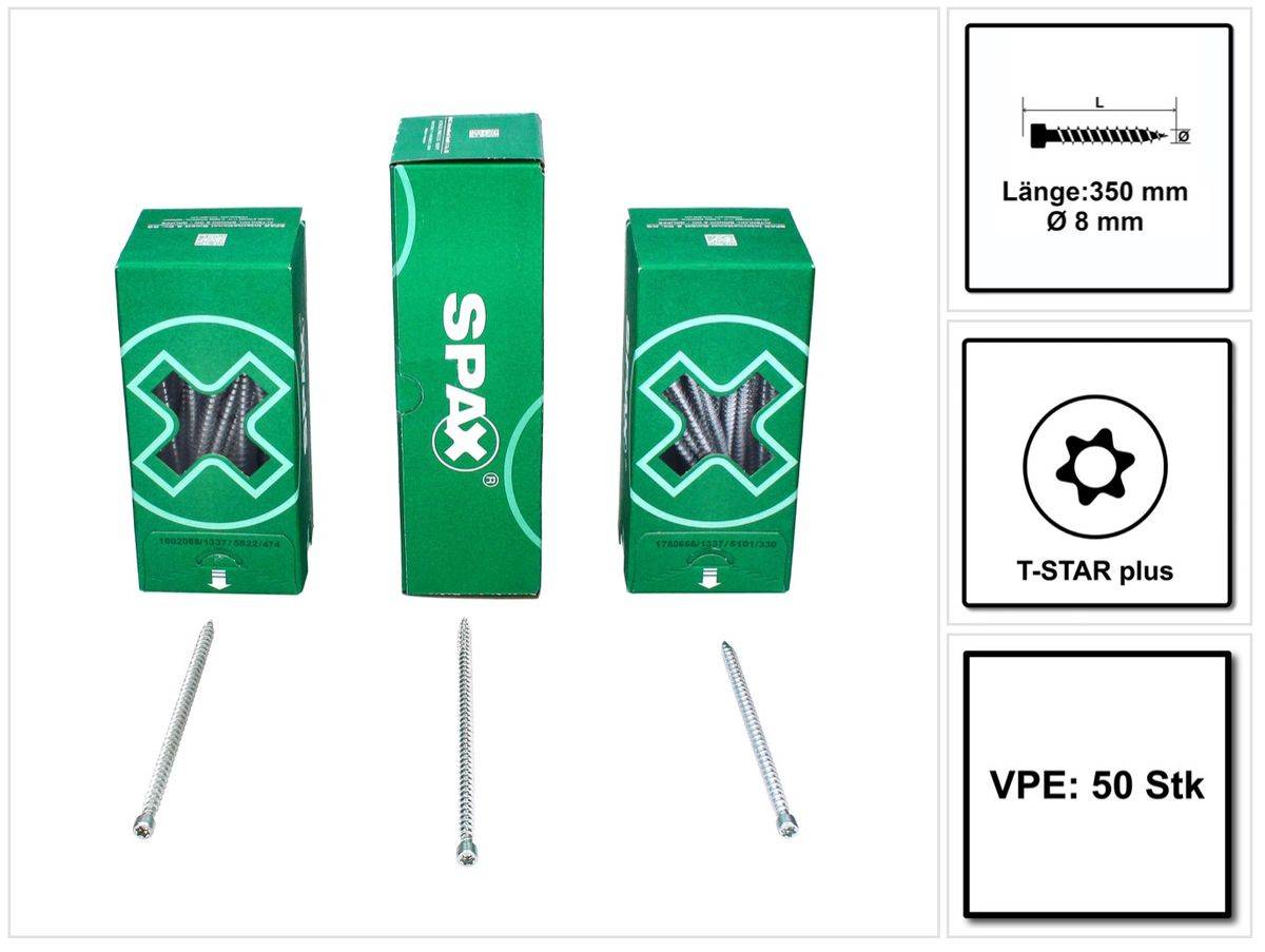SPAX IN.FORCE Schraube 8,0 x 350 mm 50 Stk. Torx T-STAR Plus T40 ( 1221010803505 ) Vollgewinde Zylinderkopf WIROX CUT Bohrspitze