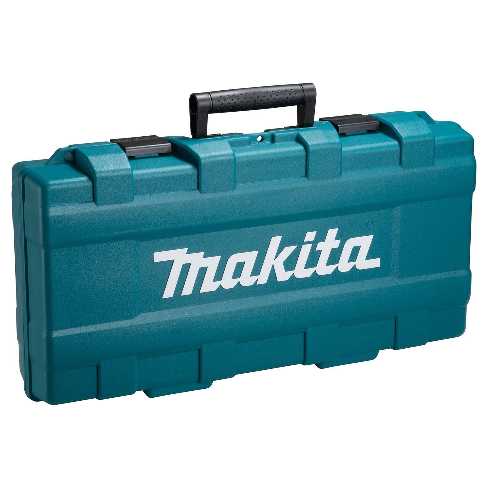 Ein türkisfarbener Makita Werkzeugkoffer mit einem schwarzen Griff, auf dem prominent das weiße 'Makita' Logo auf der Vorderseite prangt.