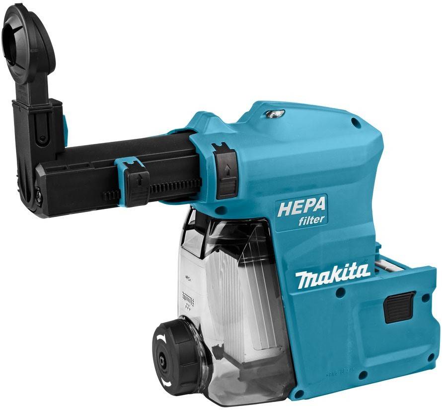 Ein blauer Makita Elektrowerkzeug mit angebrachtem HEPA-Filter, entwickelt für Staubabsaugung während des Bohrens.