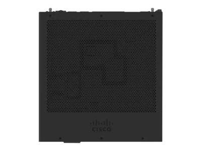 Schwarzes Cisco-Netzwerkgerät mit perforierter Frontplatte und Logo in der Nähe des unteren Bereichs, vor weißem Hintergrund dargestellt.