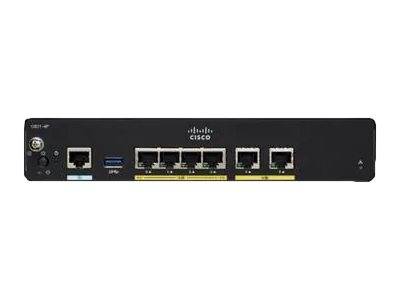 Vorderansicht eines Cisco-Netzwerk-Routers/Firewall-Geräts mit mehreren Ethernet-Anschlüssen und einem USB-Anschluss auf einem schwarzen Frontpanel.