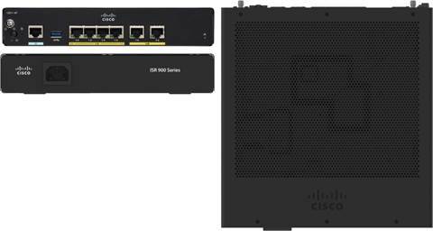 Cisco-Netzwerkgerät dargestellt in Front-, Rück- und Seitenansicht mit mehreren Ethernet-Anschlüssen und einem großen belüfteten Bedienfeld; mit der Bezeichnung "ISR 900 Serie"".