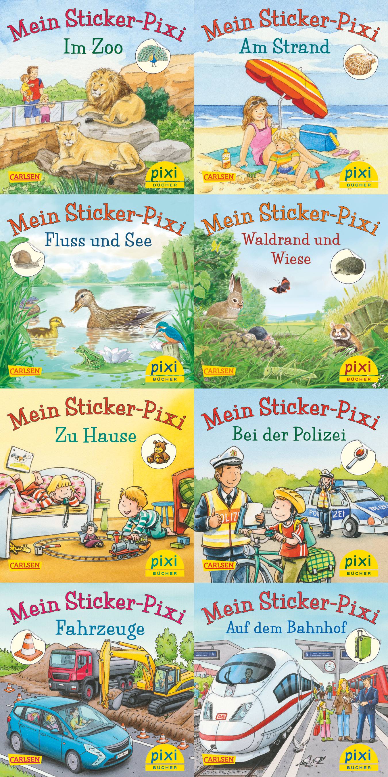 Pixi-Box 234: Pixis neue Sticker-Bücher (8x8 Exemplare) Mein Sticker-Pixi - Im Zoo. Fluss und See. Zu Hause. Fahrzeuge. Am Strand. Waldrand und Wiese