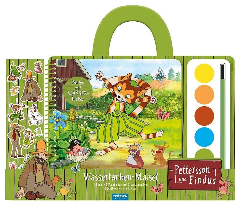 Trötsch Pettersson & Findus Wasserfarbenmalset Beschäftigungsbuch Malbuch. 1 Pinsel, 1 Farbkasten mit 6 Wasserfarben, 1 Malbuch, viele Sticker
