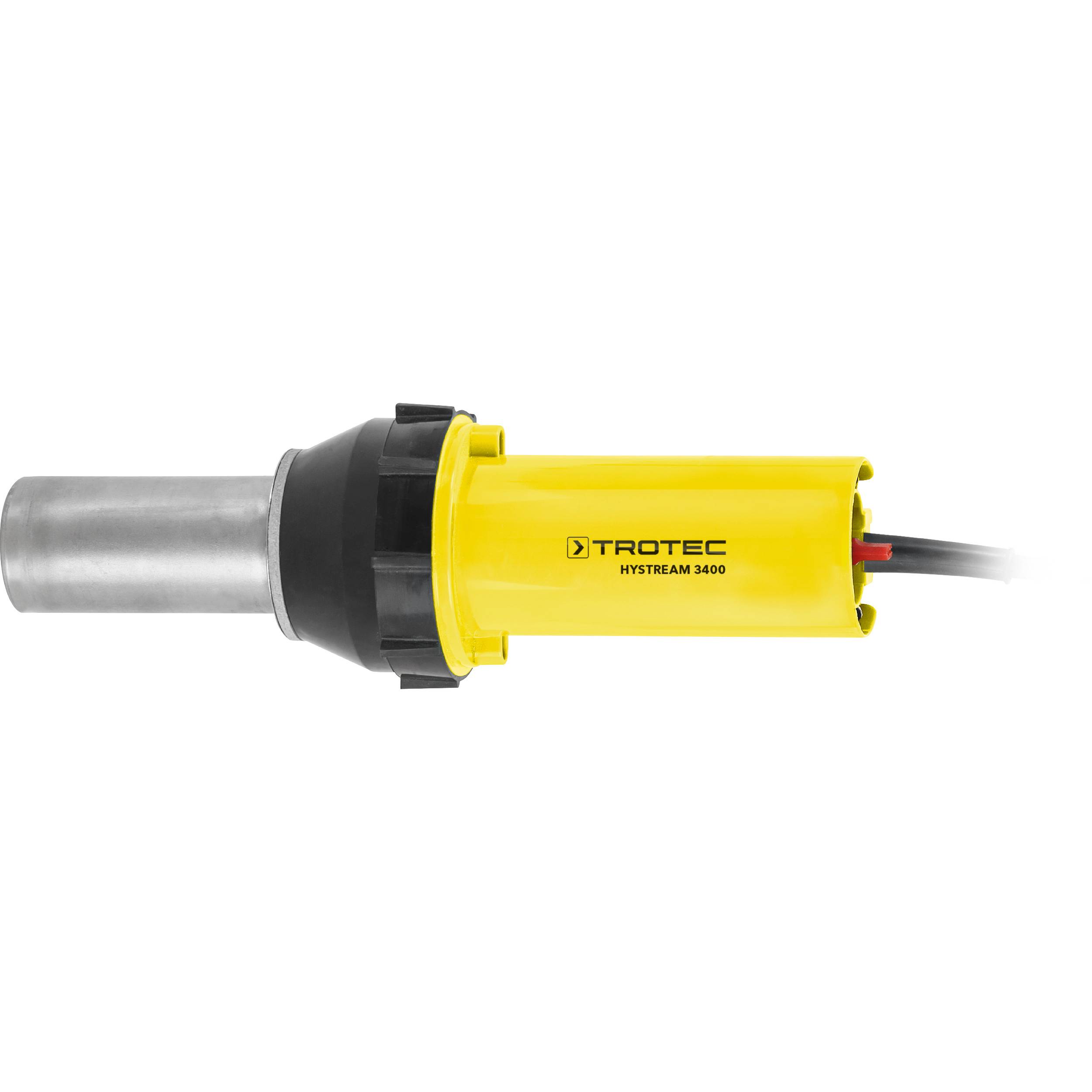 Gelbe Trotec HyStream 3400 Heißluftpistole mit Metalldüse und Stromkabel, auf weißem Hintergrund abgebildet.