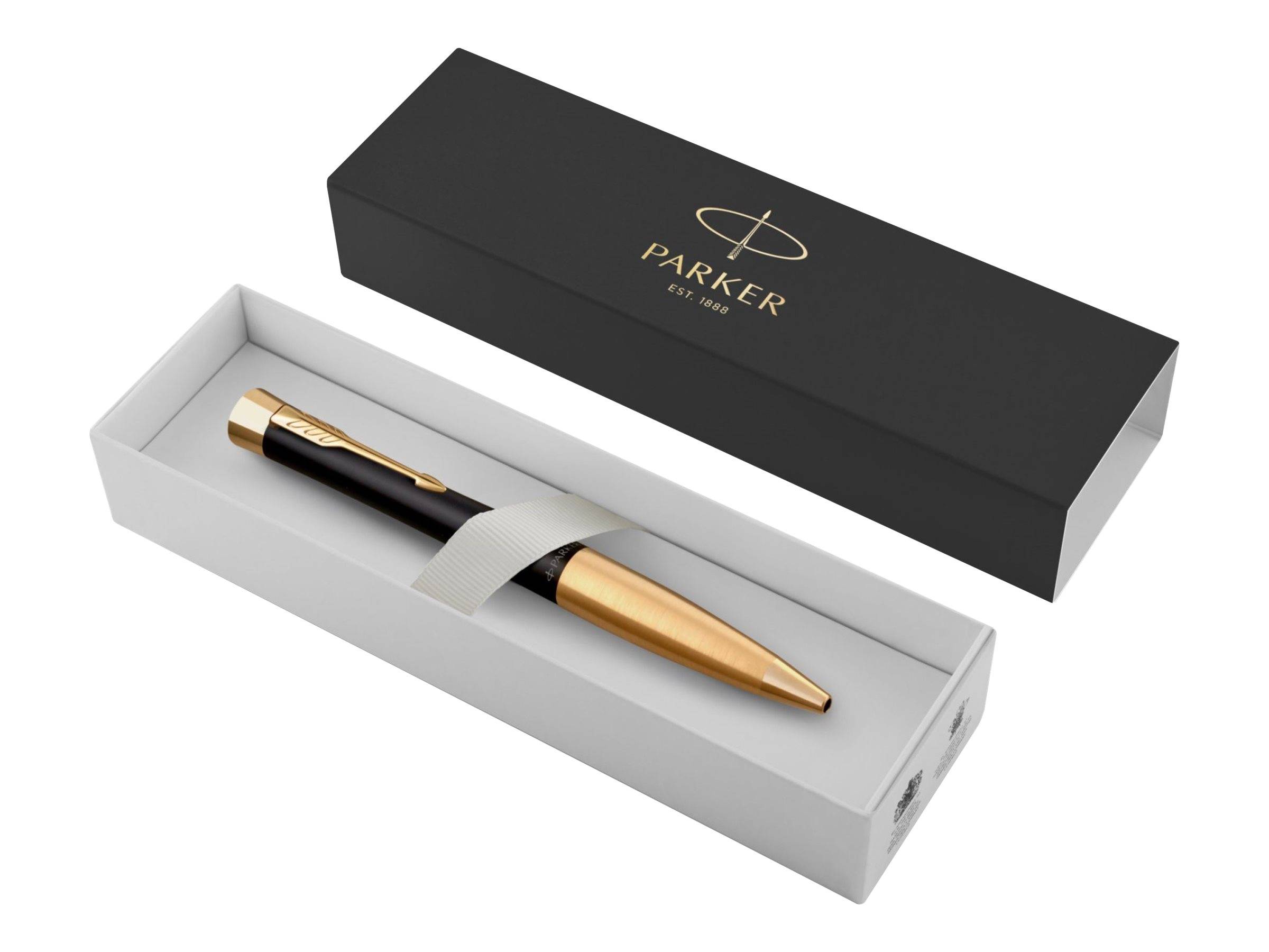 Parker-Kugelschreiber in einer Präsentationsbox, schwarzer und goldener Stift in grauem Tablett mit schwarzem Deckel.