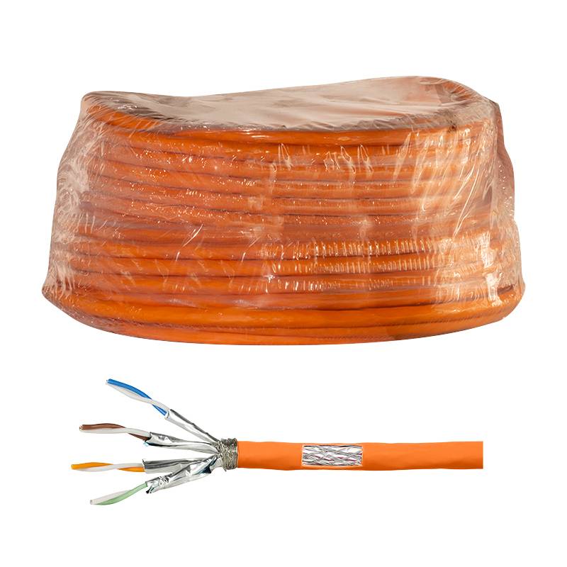 Orange-farbiges Ethernet-Kabelspulenmagazin oben mit einer Schnittansicht, die vier verdrillte Drahtpaare im inneren der äußeren Ummantelung zeigt.
