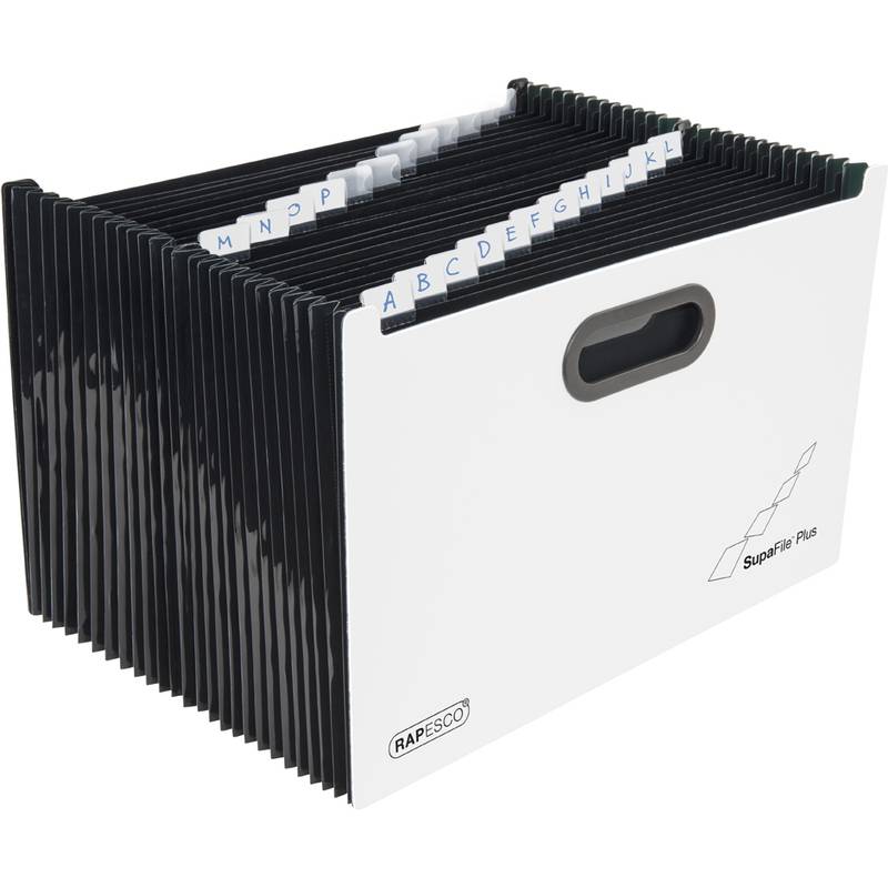 Eine weiße Dokumentenaufbewahrungsbox mit schwarzen erweiterbaren Aktenhängern, gekennzeichnet mit alphabetischen Registerreitern A-M, zur Organisierung von Papieren.