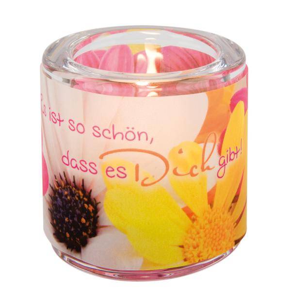 Glaswindlicht Schön, dass es dich gibt Handgefertigtes Glaswindlicht mit bedrucktem Pergamentumleger, mit Teelicht in Geschenkkarton, Maße: 6,5 x