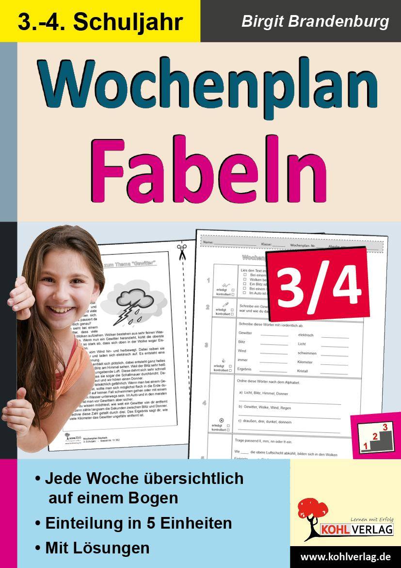 Wochenplan Fabeln 3/4 Jede Woche übersichtlich auf einem Bogen. Einteilung in 5 Einheiten. Mit Lösungen. 3.-4. Schuljahr