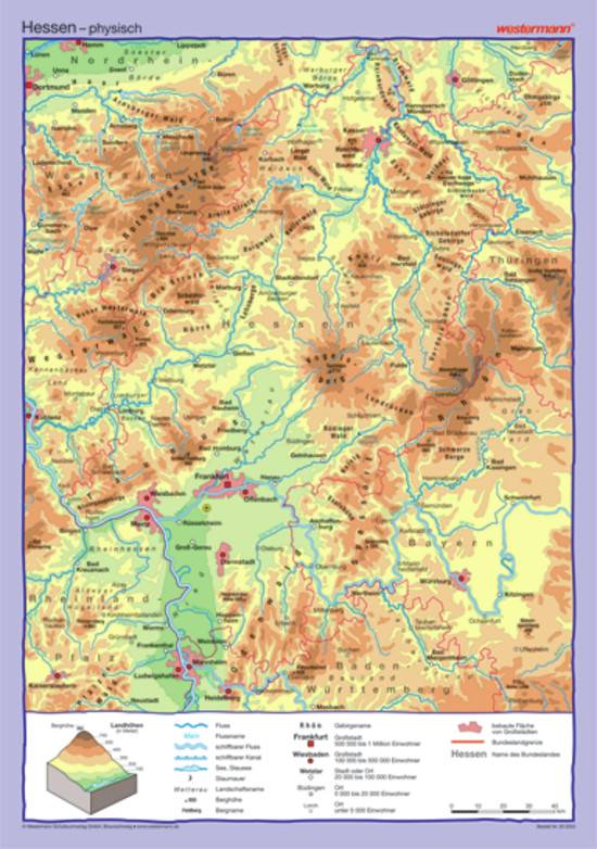 Posterkarten Geographie Hessen: physisch / politisch