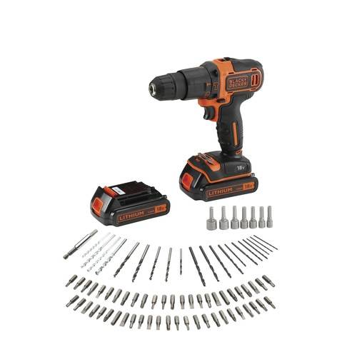 Black and Decker 18V Akku-Bohrschrauber-Set mit Akku, Ladegerät und verschiedenen Bohr- und Schrauberbits auf weißem Hintergrund.