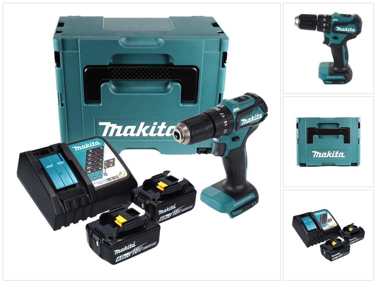 Makita DHP 483 RGJ Akku Schlagbohrschrauber 18 V 40 Nm + 2x Akku 6,0 Ah + Ladegerät + Makpac