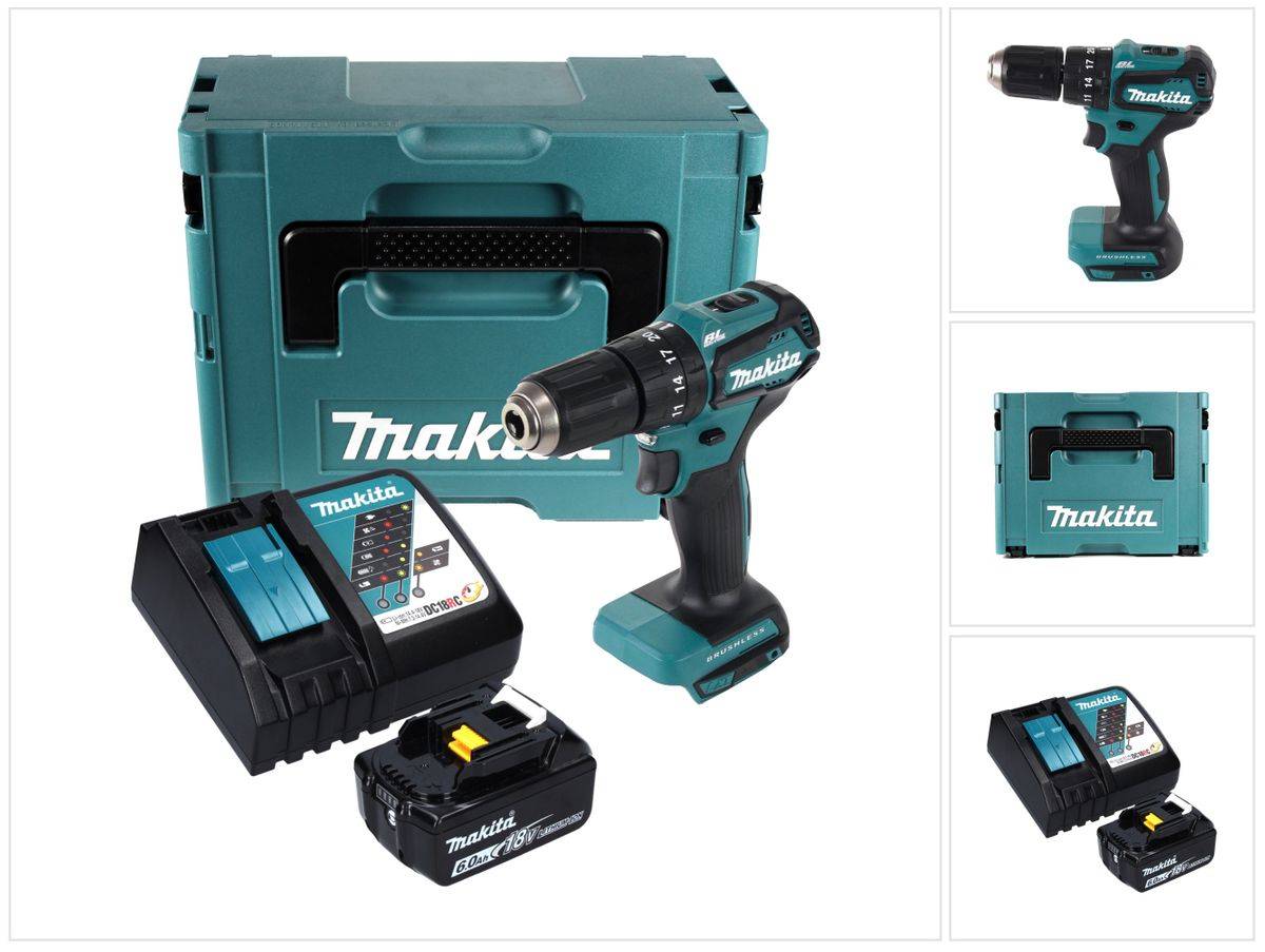 Makita DHP 483 RG1J Akku Schlagbohrschrauber 18 V 40 Nm + 1x Akku 6,0 Ah + Ladegerät + Makpac