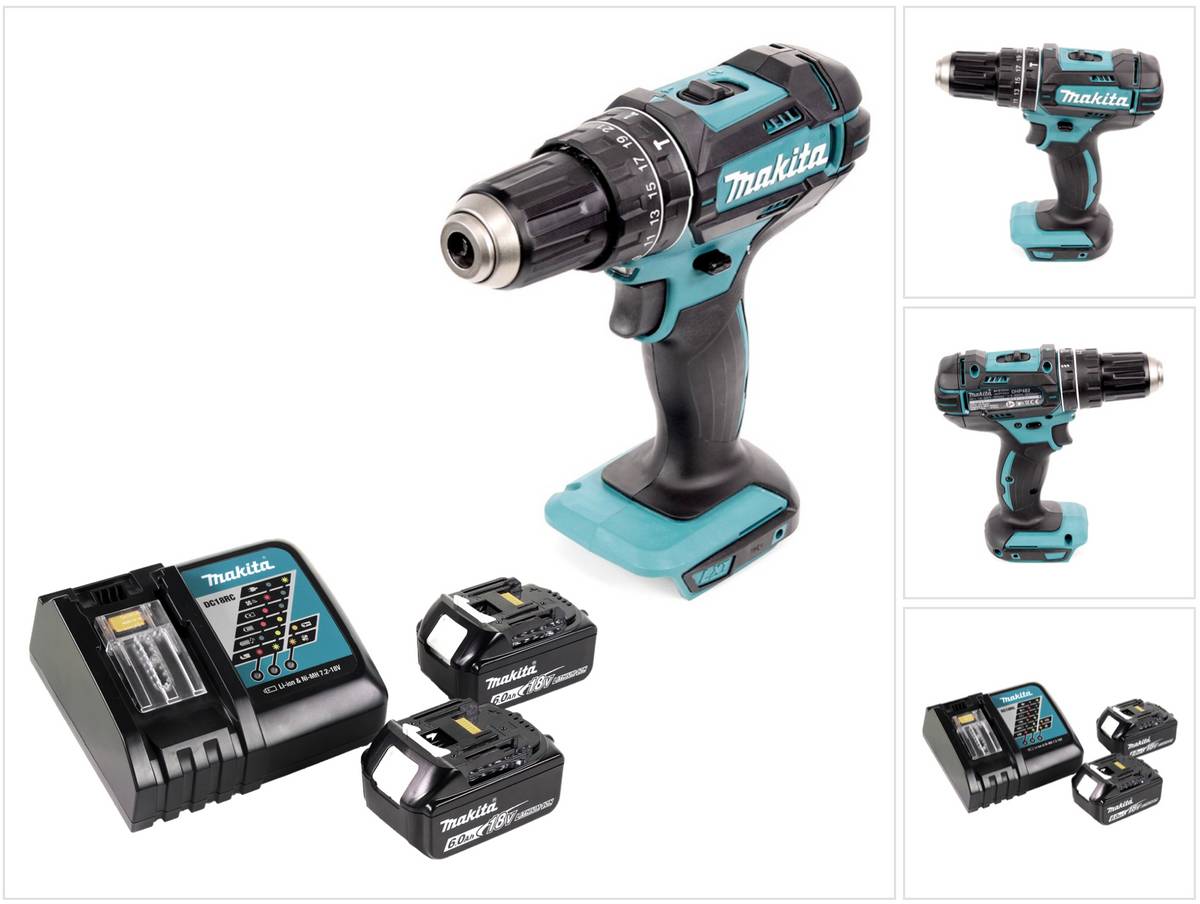 Makita DHP 482 RG Akku Schlagbohrschrauber 18 V 62 Nm + 2x Akku 6,0 Ah + Ladegerät