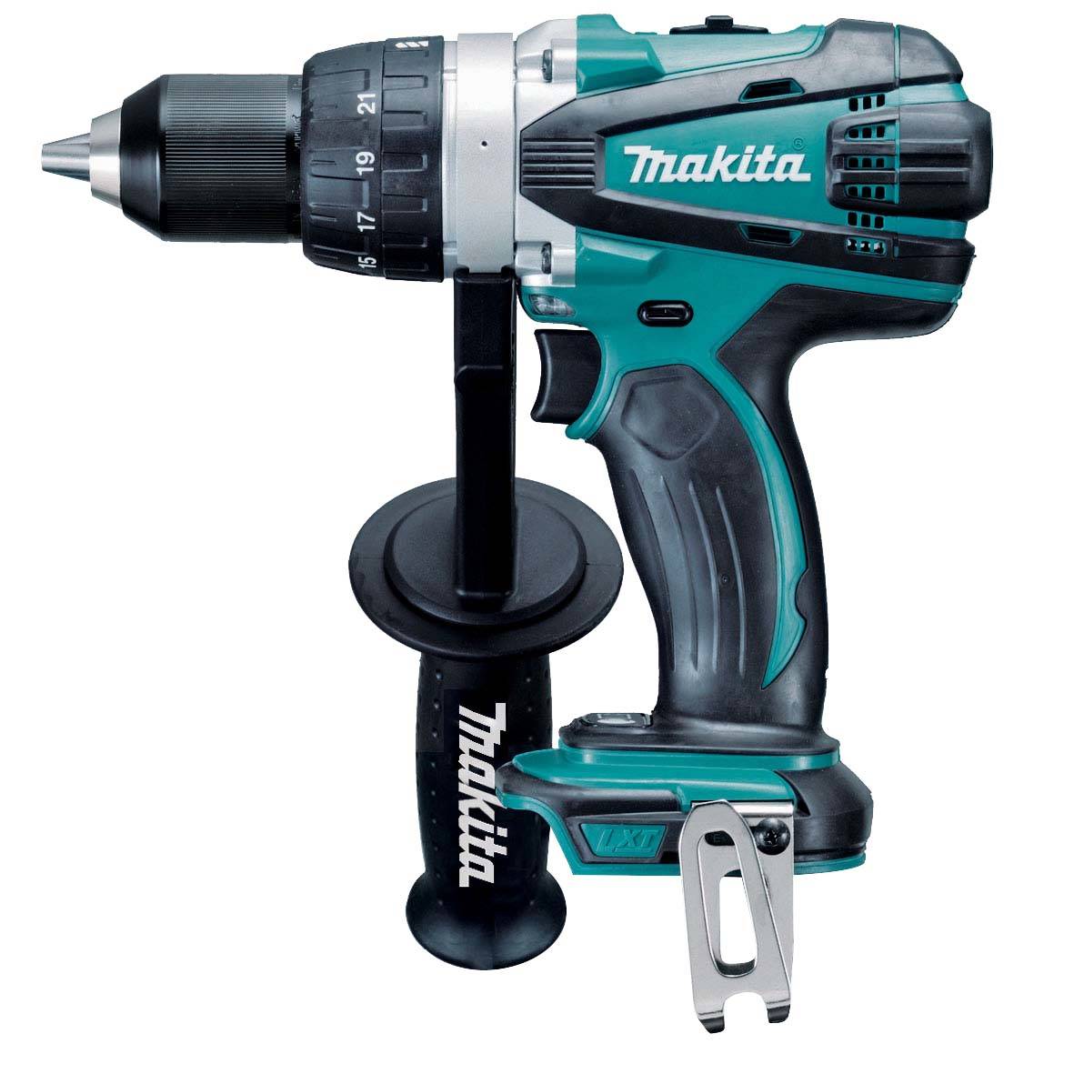 Makita-Bohrmaschine ohne Kabel mit Seitengriff und Akku, in der Seitenansicht auf weißem Hintergrund dargestellt.