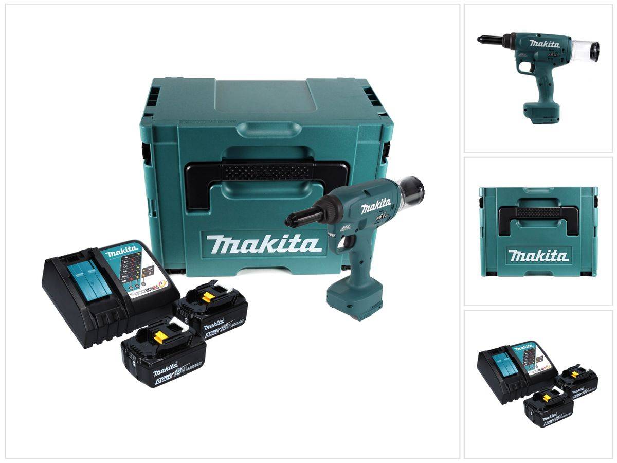 Makita DRV 250 RGJ Akku Blindnietsetzgerät 18 V 20 kN Brushless + 2x Akku 6,0 Ah + Ladegerät + Makpac