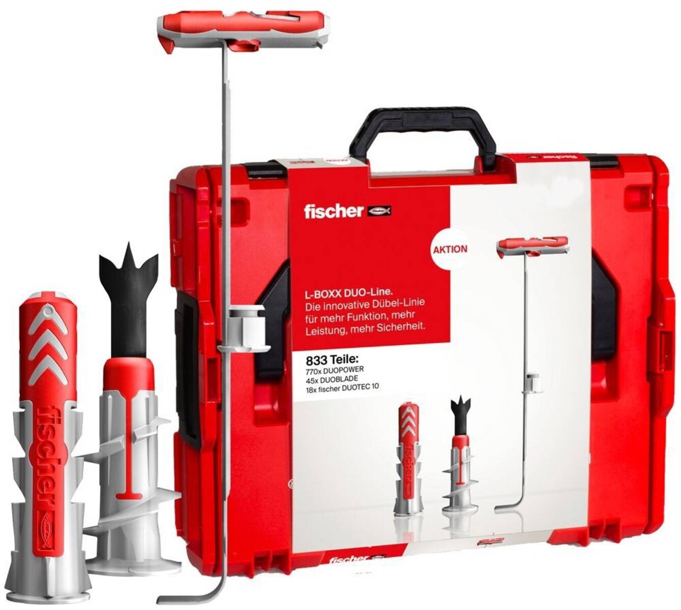Rote Werkzeugbox mit Fischer-Branding zeigt einen Satz Bohrer und Dübel. Bewirbt den L-BOXX Duo-Line für verbesserte Funktionalität und Sicherheit.