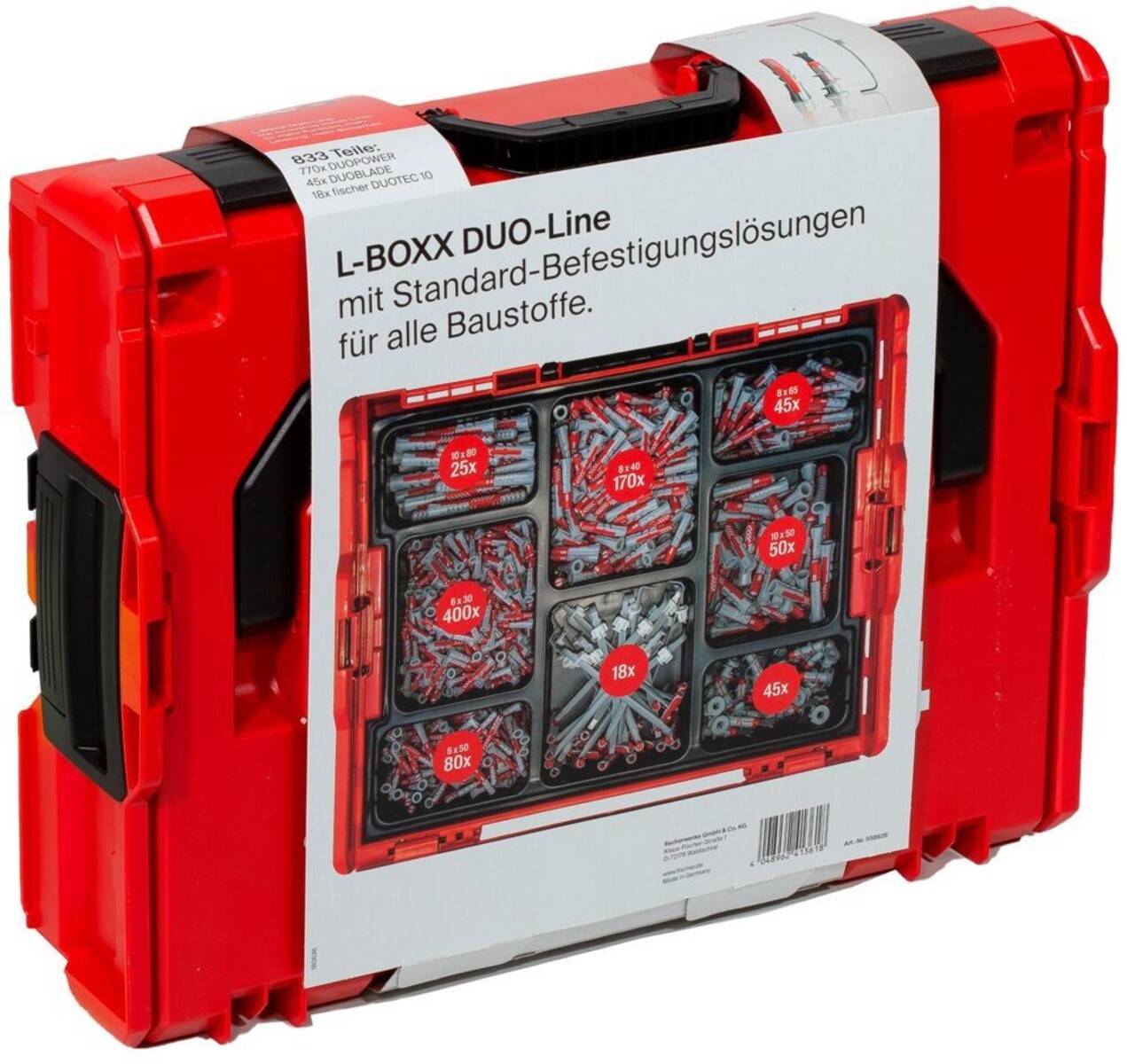 Rote Werkzeugbox mit Fächern für Schrauben und Dübel, mit der Aufschrift 