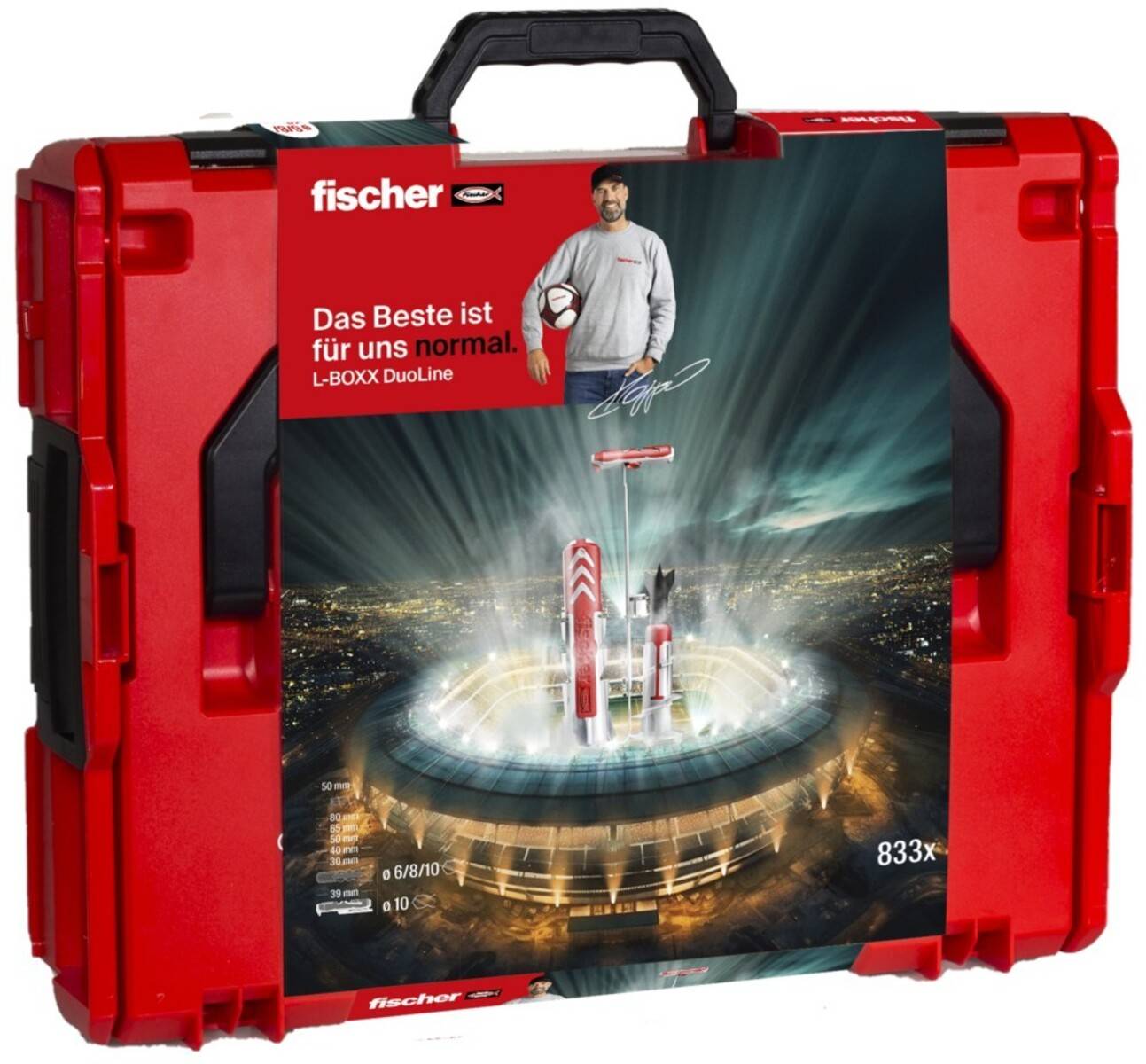 Ein roter Werkzeugkoffer mit einem Etikett, das eine Person mit einem Fußball, ein Stadion und den Text 