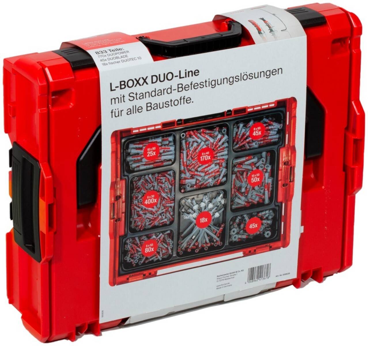 Roter Werkzeugkasten mit Fächern, in denen verschiedene Schrauben und Befestigungsmaterial ausgestellt sind. Etikett liest: 'L-BOXX DUO-Line mit Standard-Befestigungslösungen für alle Baustoffe.