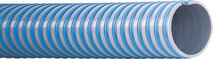 Eine Nahaufnahme eines blauen und weißen gestreiften Plastikschlauchs, der seine gewellte Textur und kreisförmige Form zeigt.