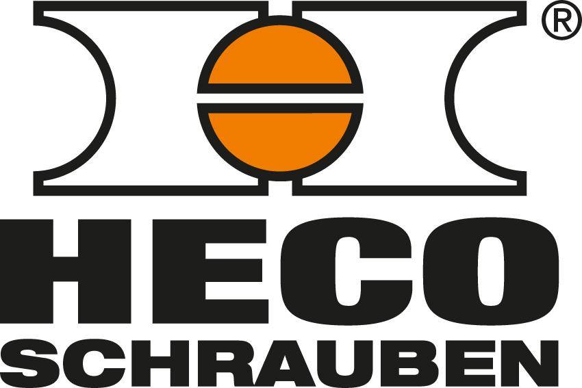 HECO Schrauben Logo mit stilisiertem orangefarbenem Kreis-Emblem über den Worten 