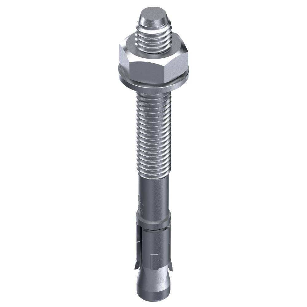 Einzelner Metallbetonverankerungsbolt mit Mutter und Unterlegscheibe auf weißem Hintergrund.