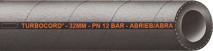 Ein Schlauch, der mit den Worten 'MM - PN 12 BAR - A' in orangefarbener Schrift markiert ist, vor einem grauen Hintergrund mit einer sichtbaren Naht oder Kante.