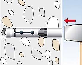 Darstellung zweier Wände, die durch ein Dübelsystem miteinander verbunden sind, mit Veranschaulichung der Bolzeninsertion in die Wände und des Befestigungsmechanismus.