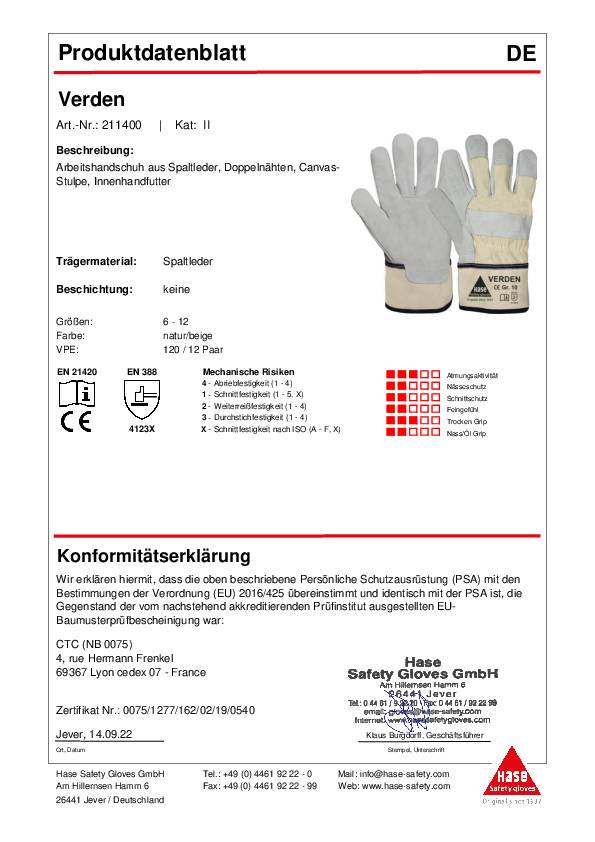 Handschuhe Verden Gr.10 natur/beige EN 388 PSA II HASE