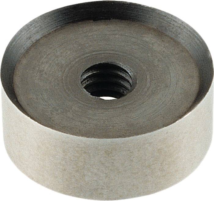 Ein rundes Metallobjekt mit einem hohlen Zentrum und einem gewindeten Innenbereich, ähnlich einer Unterlegscheibe oder einer mechanischen Komponente.