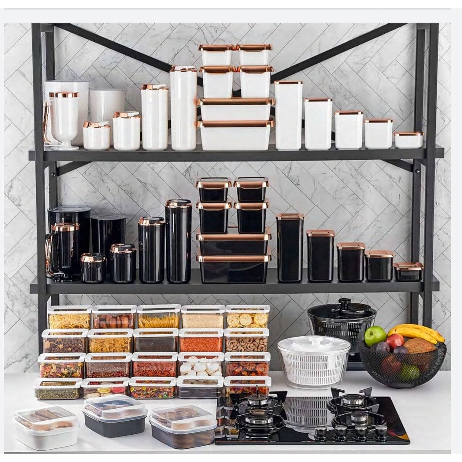 Vip Ahmet 6 teiliges Lebensmittelbehälter Set Vorratsbehälter Aufbewahrung Starterset Schwarz-Kupfer