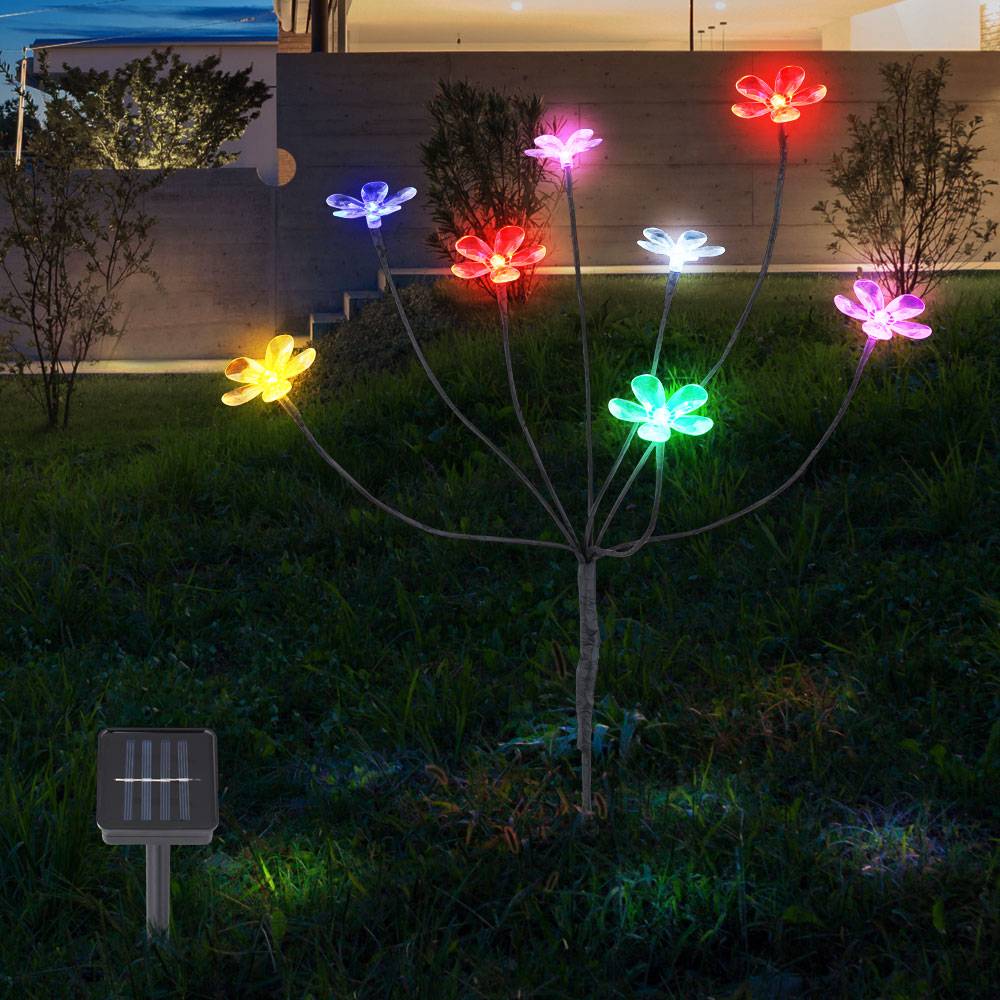 Solarleuchte Solarlampen für Außen Gartendeko Outdoor Solar Lampe mit bunte Blumen, 8 Blüten, Metall Glas, 8x LED, H 62 cm, 2er Set