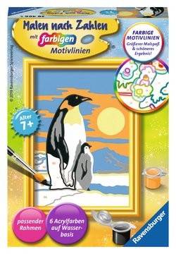 Ravensburger 28466 - Malen nach Zahlen, Süße Pinguine Mit farbigen Motivlinien, Jeder kann malen, Maltafel 8,5 x 12 cm, Mit 6 Acrylfarben auf Wasser