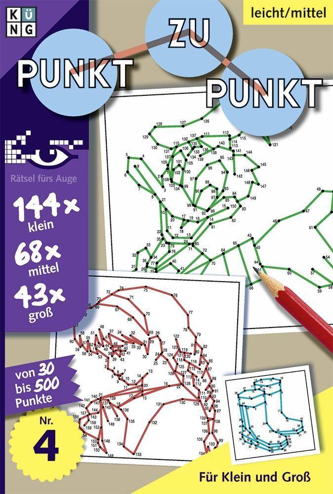 Punkt zu Punkt. Bd.4 144 x klein, 68 x mittel, 43 x groß. Schwierigkeitsgrad: leicht/mittel. Von 30 bis 500 Punkte. Für Klein und Groß