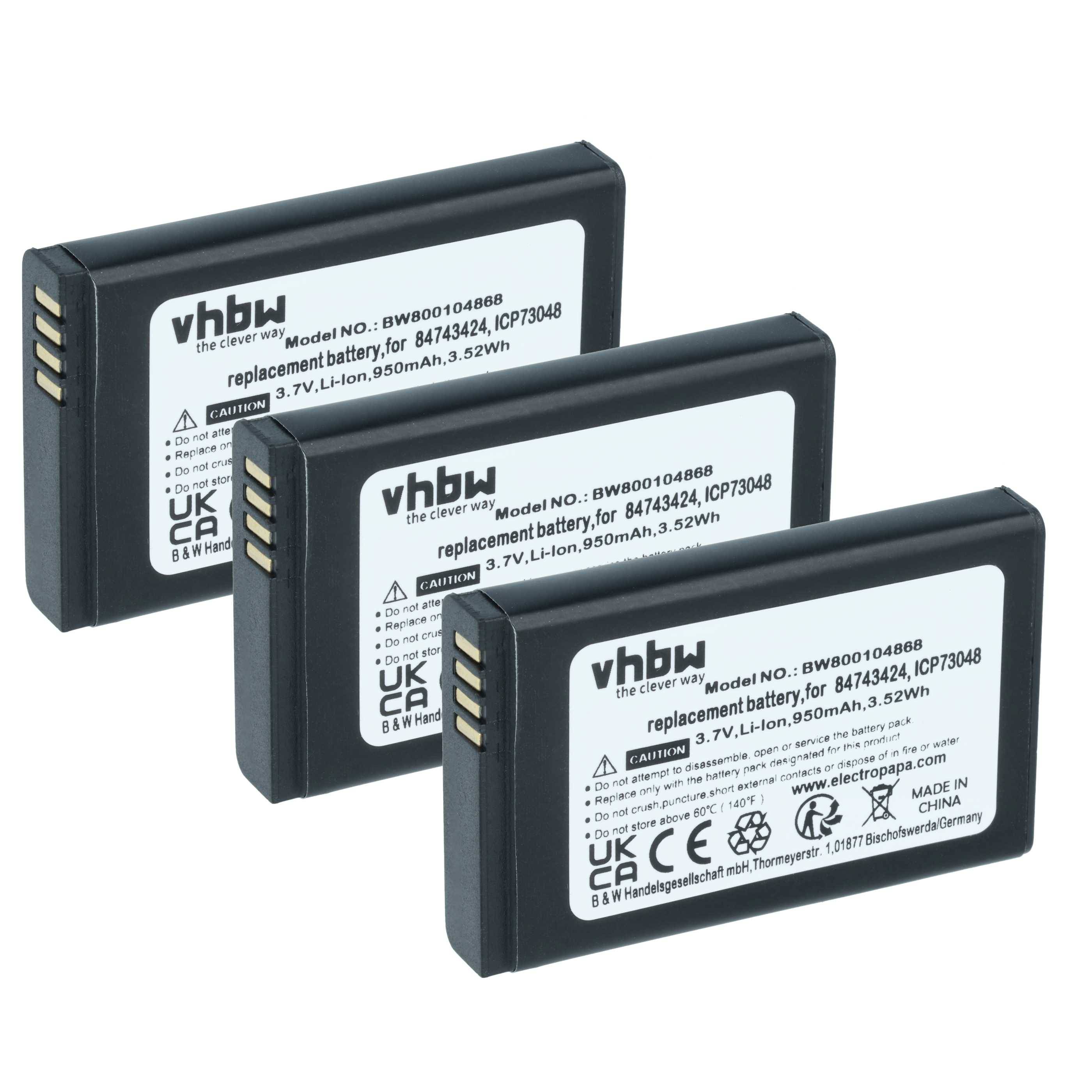 Drei schwarze vhbw Ersatz-Lithium-Ionen-Batterien diagonal gestapelt auf weißem Hintergrund, beschriftet mit 3,7V, 950mAh, 3,52Wh.