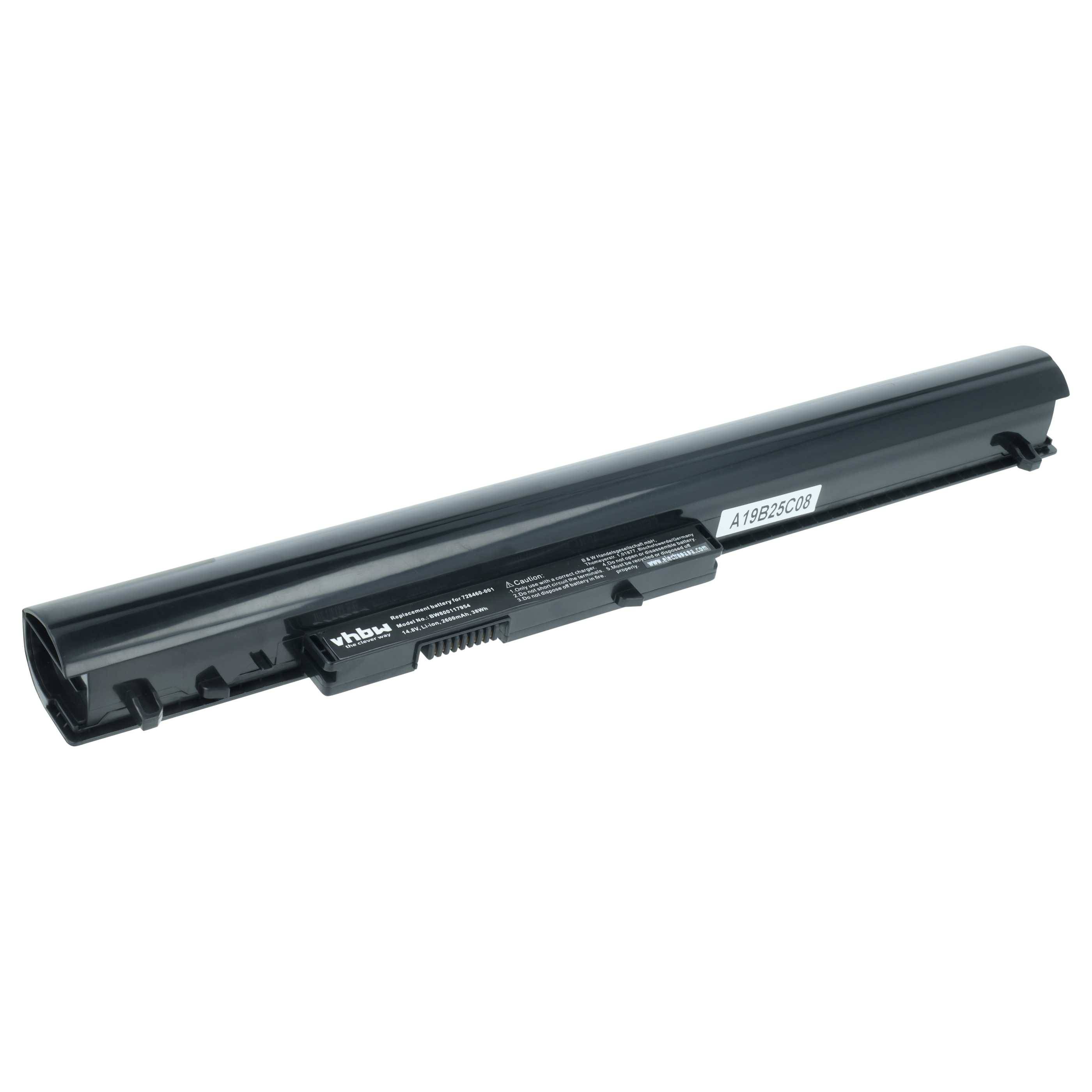 Eine schwarze Laptop-Batterie mit sichtbaren Beschriftungen und Anschlüssen, die für die HP Pavilion 14-Serie entwickelt wurde.