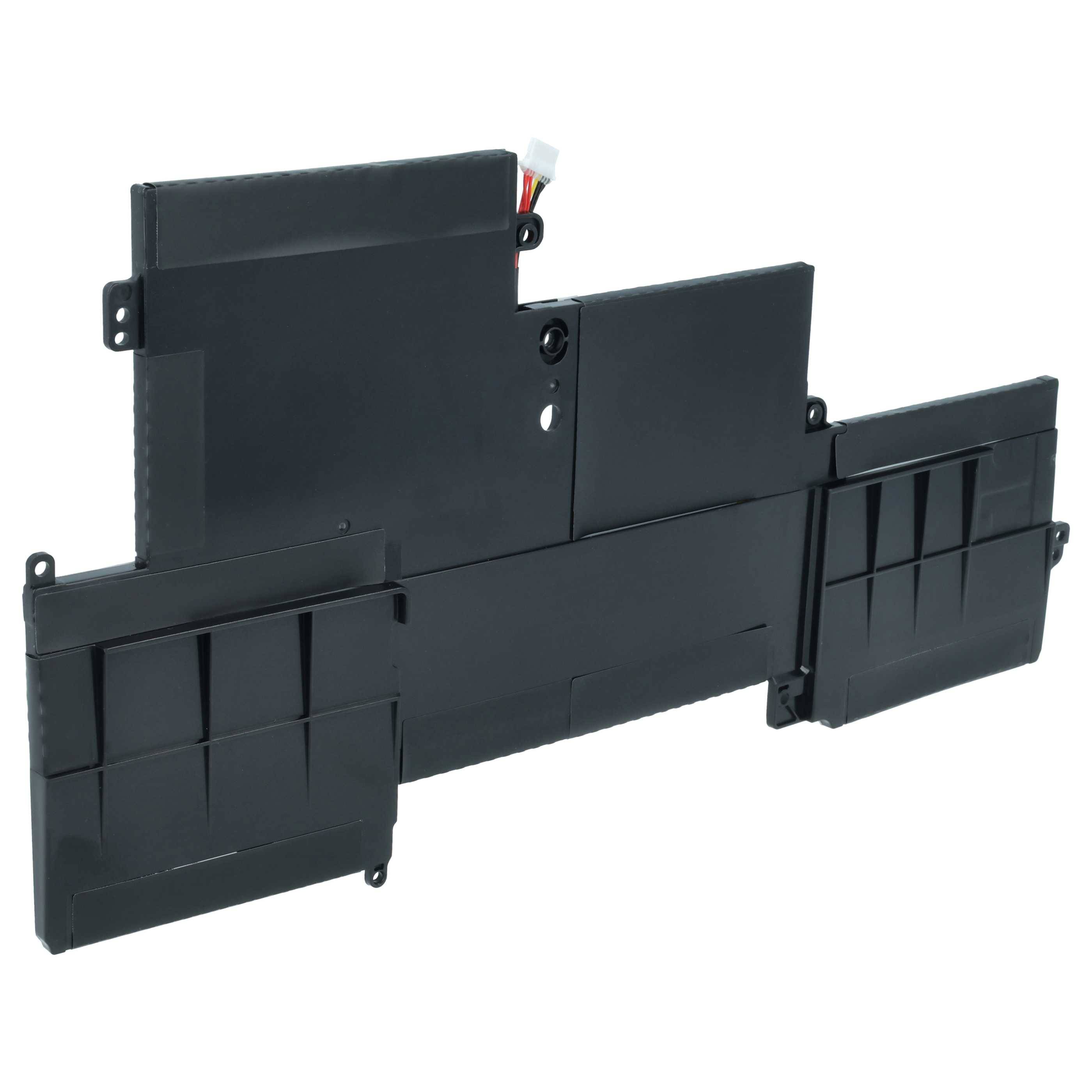 Eine rechteckige schwarze Laptop-Batterie mit zwei verbundenen Fächern, die einen sichtbaren Steckverbinder an der Oberseite aufweist.