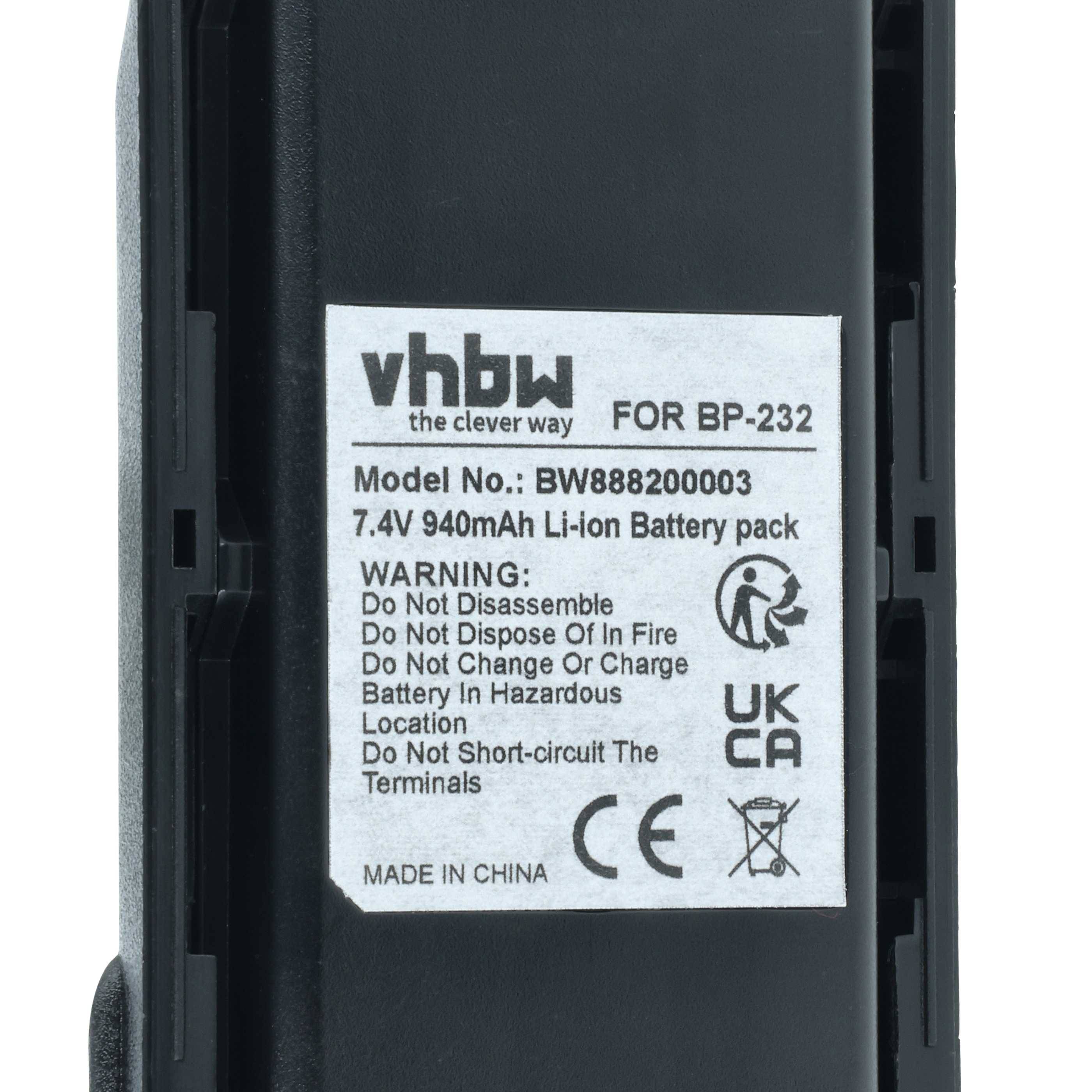 Batterie-Etikett für vhbw BP-232: 7,4V, 1900mAh, Modell-Nr. BW88820003. Warnhinweise umfassen Verbot der Demontage und Entsorgung durch Feuer sowie Lagerungshinweise. Hergestellt in China.