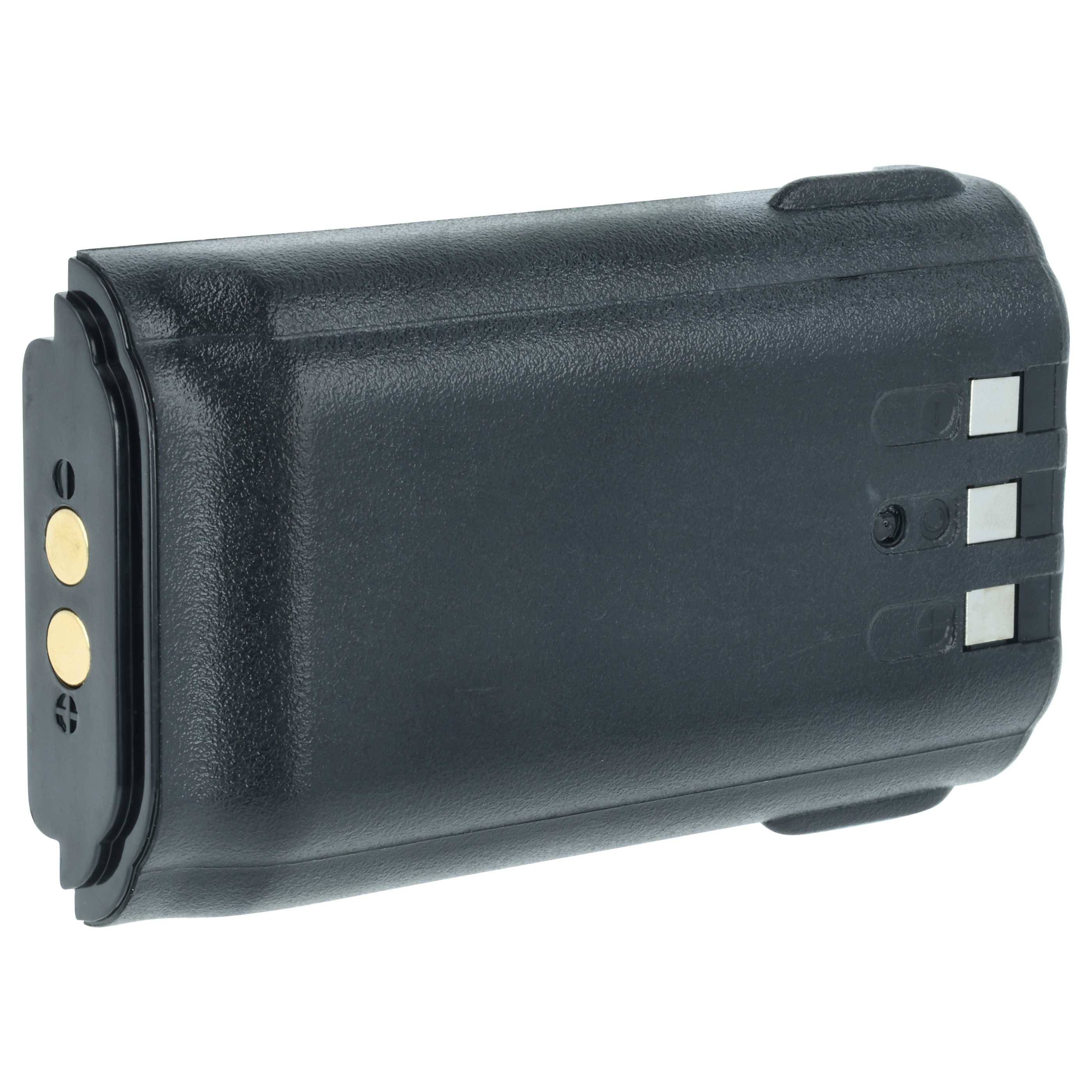 Ein schwarzes wiederaufladbares Akkupack mit Metallkontakten an einem Ende, konzipiert für elektronische Geräte; von einem Winkel aus gezeigt, der seine Form zur Geltung bringt.