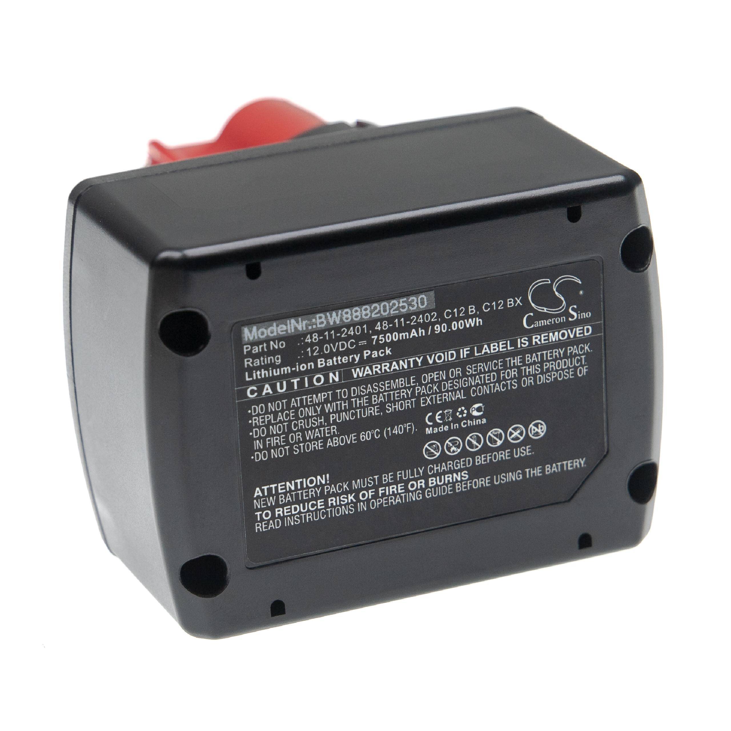 vhbw Akku kompatibel mit Milwaukee M12 JSSP-0, M12 LL, M12 LL-0, M12 MLED, M12 MLED-0, M12 NRG-602 Elektrowerkzeug (7500 mAh, Li-Ion, 12 V)